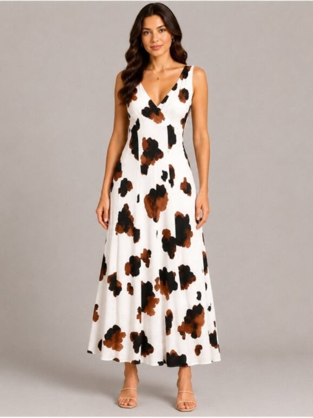 Sleeveless V-Neck White Maxi Dress with Brown & Black Floral Spots